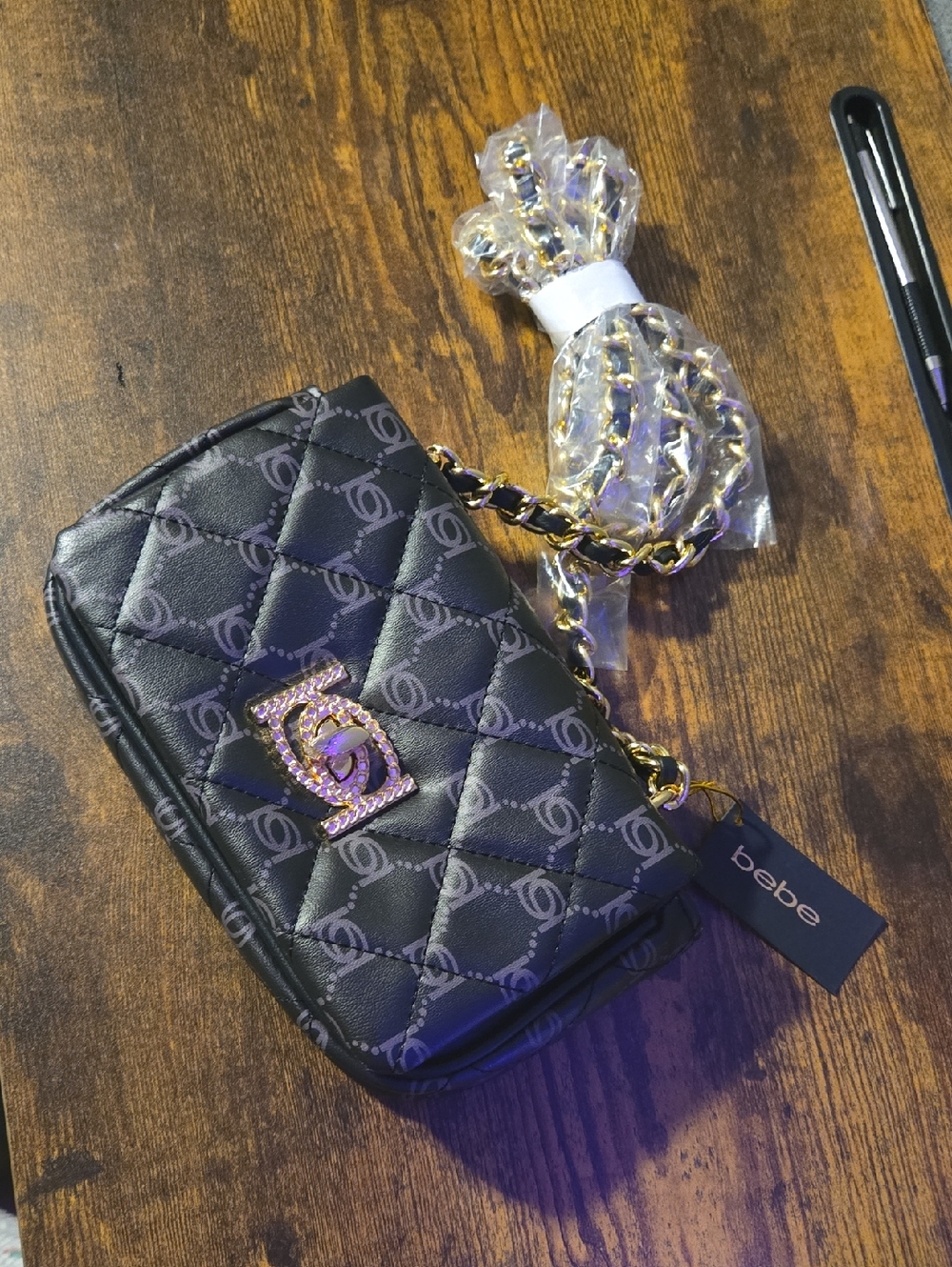 bebe Black Quilted Crossbody with Gold Chain and Logo Charm